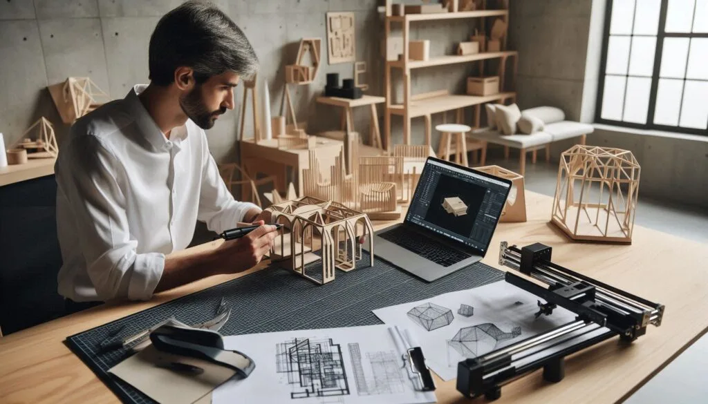 Un arquitecto emprendedor trabajando en una maqueta 3D en su taller. Sobre la mesa hay herramientas de corte láser, bocetos de diseño y una laptop con software de modelado abierto. En el fondo, se ven prototipos de mobiliario y estructuras modernas, representando la fusión entre arquitectura, emprendimiento y tecnología.