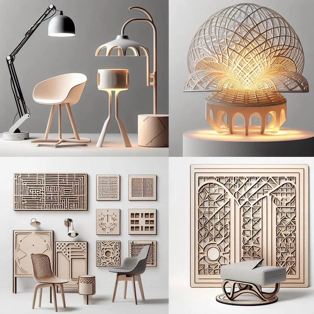 Collage de productos innovadores creados por arquitectos emprendedores. La imagen muestra una silla de diseño minimalista, una lámpara moderna hecha con corte láser, un panel decorativo con patrones geométricos y una estructura paramétrica en madera. Cada producto destaca por su creatividad y fabricación digital.