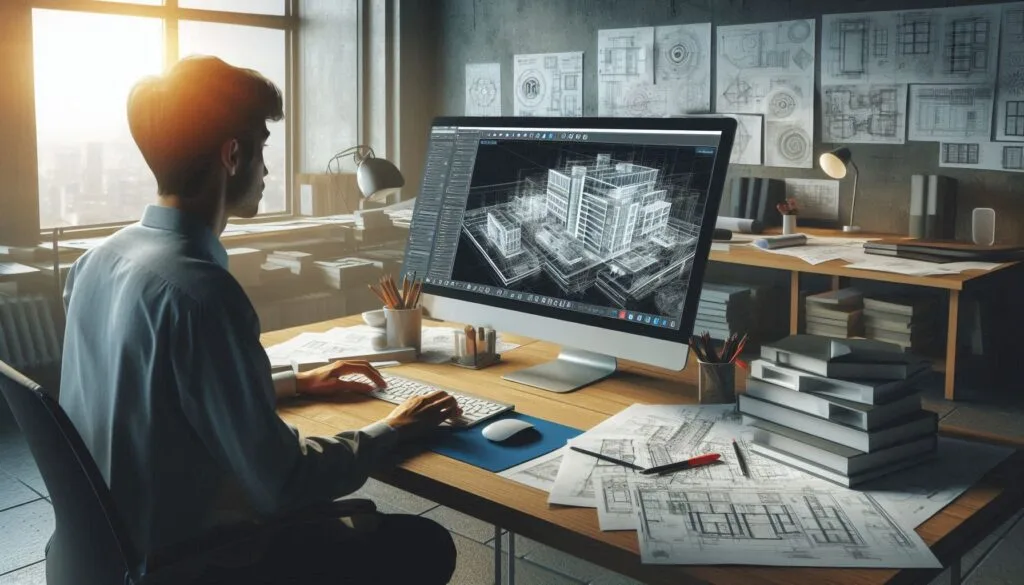 Un estudiante de arquitectura trabajando en su computadora en un ambiente moderno y bien iluminado. En la pantalla, se muestran interfaces de programas de modelado y diseño arquitectónico como AutoCAD, SketchUp, Revit, Rhino y Lumion. El fondo incluye bocetos y planos arquitectónicos en la mesa. La escena transmite creatividad, tecnología y enfoque profesional. Un estudiante de arquitectura trabajando en su computadora en un ambiente moderno y bien iluminado. En la pantalla, se muestran interfaces de programas de modelado y diseño arquitectónico como AutoCAD, SketchUp, Revit, Rhino y Lumion. El fondo incluye bocetos y planos arquitectónicos en la mesa. La escena transmite creatividad, tecnología y enfoque profesional. Un estudiante de arquitectura trabajando en su computadora en un ambiente moderno y bien iluminado. En la pantalla, se muestran interfaces de programas de modelado y diseño arquitectónico como AutoCAD, SketchUp, Revit, Rhino y Lumion. El fondo incluye bocetos y planos arquitectónicos en la mesa. La escena transmite creatividad, tecnología y enfoque profesional. Un estudiante de arquitectura trabajando en su computadora en un ambiente moderno y bien iluminado. En la pantalla, se muestran interfaces de programas de modelado y diseño arquitectónico como AutoCAD, SketchUp, Revit, Rhino y Lumion. El fondo incluye bocetos y planos arquitectónicos en la mesa. La escena transmite creatividad, tecnología y enfoque profesional.