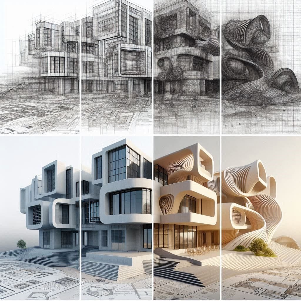 Comparación visual de renders arquitectónicos generados con diferentes programas de modelado 3D. La imagen se divide en cinco secciones, mostrando el mismo diseño con estilos distintos: un modelo técnico en AutoCAD, una estructura conceptual en SketchUp, un edificio BIM en Revit, una forma orgánica en Rhino y un render realista en Lumion. La composición enfatiza la versatilidad del software en arquitectura.
