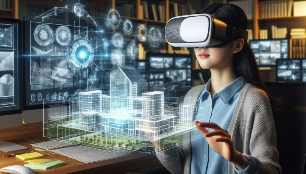 Un arquitecto joven usando gafas de realidad virtual en un estudio de diseño moderno. En el aire, frente a él, se proyecta un modelo 3D holográfico de un edificio futurista. La escena muestra una combinación de tecnología avanzada y creatividad, con pantallas en el fondo que presentan renders digitales y planos arquitectónicos.