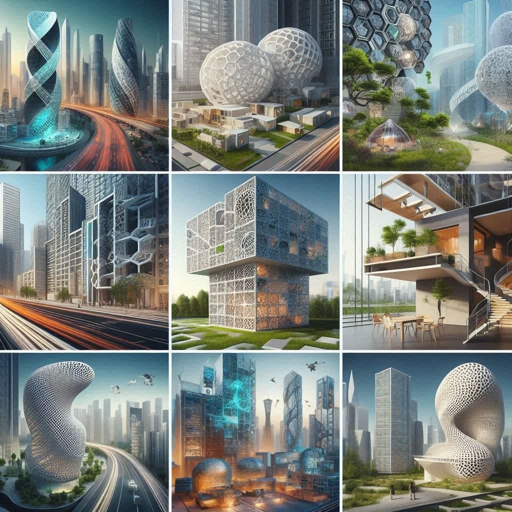 Collage de diseños arquitectónicos generados con inteligencia artificial. La imagen incluye diferentes estilos: un rascacielos paramétrico, una casa ecológica, un espacio urbano futurista y una estructura de formas orgánicas. Cada sección del collage resalta la creatividad y la versatilidad del diseño digital con IA.