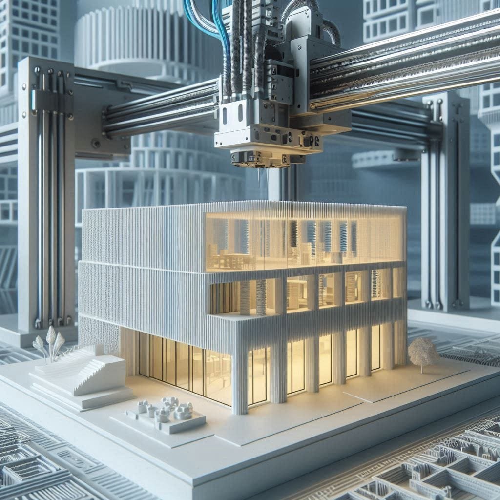 Un edificio moderno impreso en 3D, resaltando la innovación en fabricación digital. La imagen muestra detalles de la estructura con capas de material impreso, y en el fondo, una impresora 3D de gran escala trabajando en la construcción. La escena transmite el avance tecnológico en arquitectura y construcción sostenible.