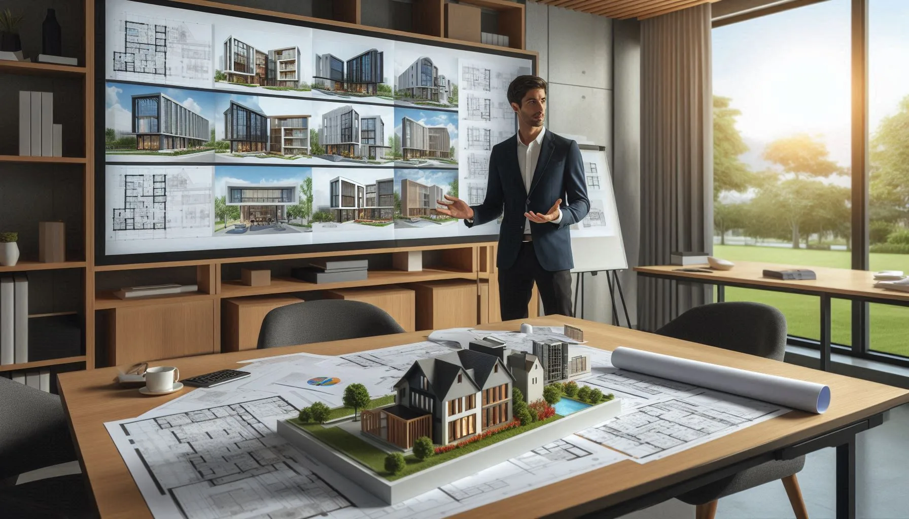 Un arquitecto o diseñador presentando su proyecto a un cliente en una sala de reuniones moderna. Sobre la mesa, hay renders impresos, planos detallados y una maqueta en miniatura. La pantalla detrás del arquitecto muestra una presentación digital con imágenes de diseño arquitectónico. La escena transmite profesionalismo, confianza y estrategia de venta.