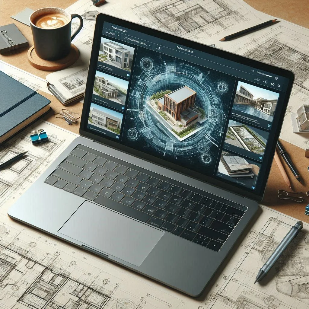 Una computadora portátil abierta mostrando un portafolio digital con proyectos de arquitectura y diseño. En la pantalla, se ven imágenes de renders, planos técnicos y modelos 3D organizados de manera profesional. El fondo incluye una libreta, bocetos arquitectónicos y una taza de café, representando el trabajo creativo y la presentación digital efectiva.