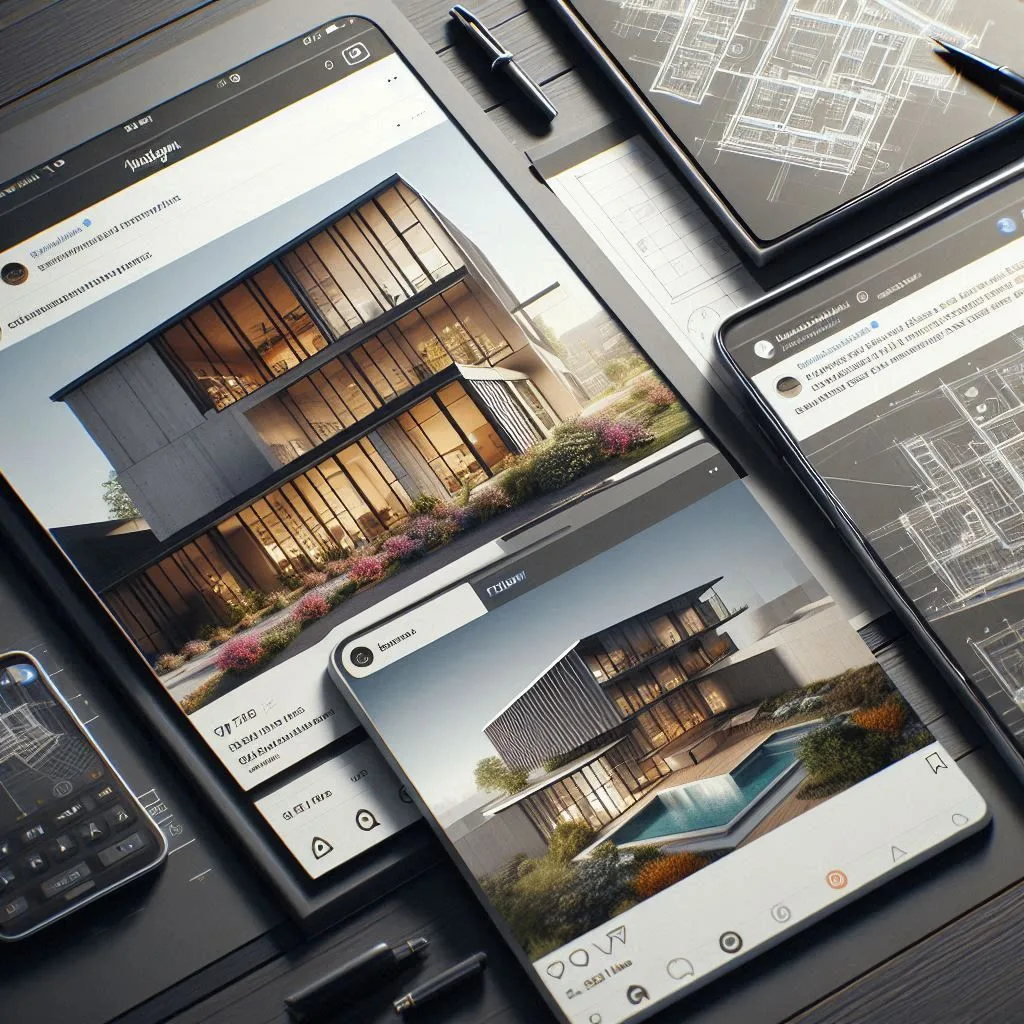 Un collage de publicaciones en redes sociales mostrando proyectos de arquitectura y diseño. Incluye una imagen de Instagram con un render llamativo, una publicación de Behance con planos técnicos y una historia de Facebook destacando un proceso de construcción. La composición enfatiza el uso del marketing digital para vender proyectos.