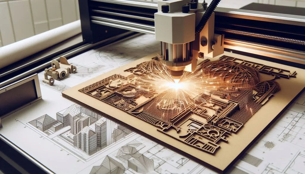 Una máquina de corte láser en acción, cortando una pieza de mdf con un diseño arquitectónico detallado. Se ven chispas suaves y un haz de luz preciso delineando formas complejas. En el fondo, bocetos y planos arquitectónicos resaltan el proceso de fabricación digital.