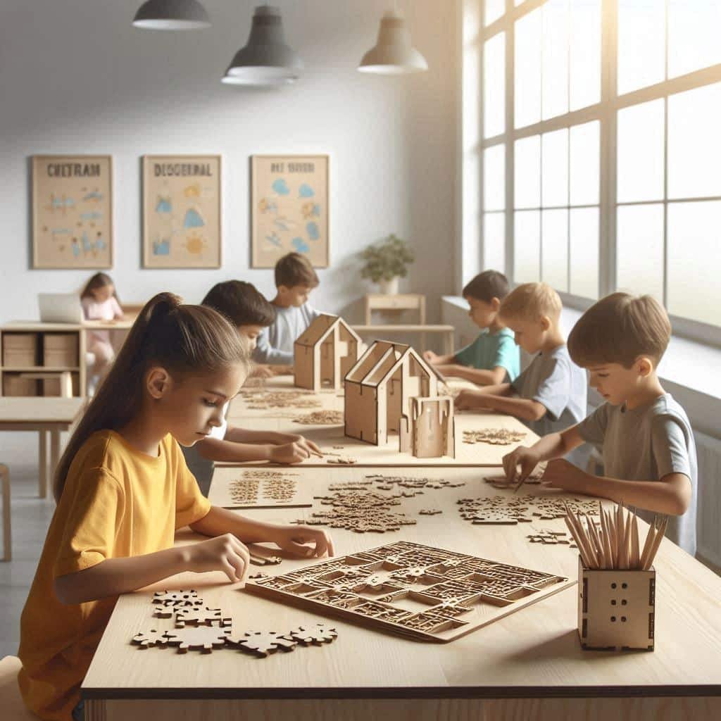 Niños trabajando juntos en el armado de rompecabezas de MDF sobre una mesa escolar, como parte de un taller educativo organizado por NUBE 35.