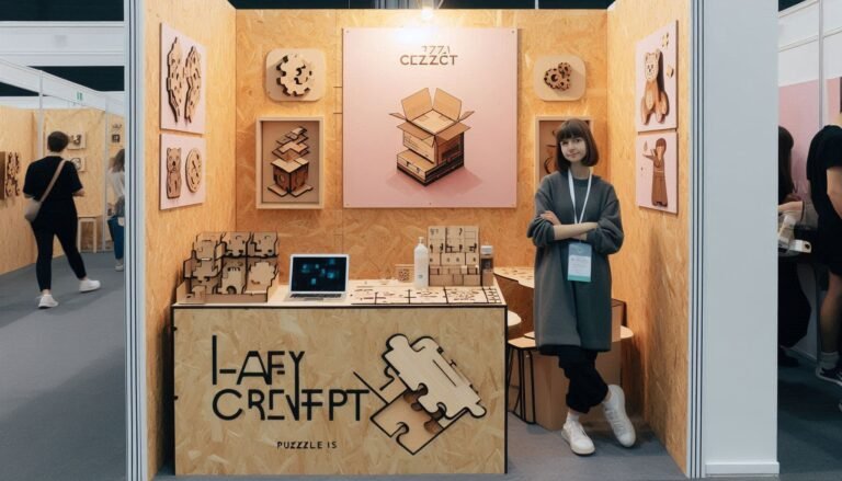 Stand de emprendedor joven mostrando productos de madera grabada y empaques creativos, ambientado en una feria artesanal.