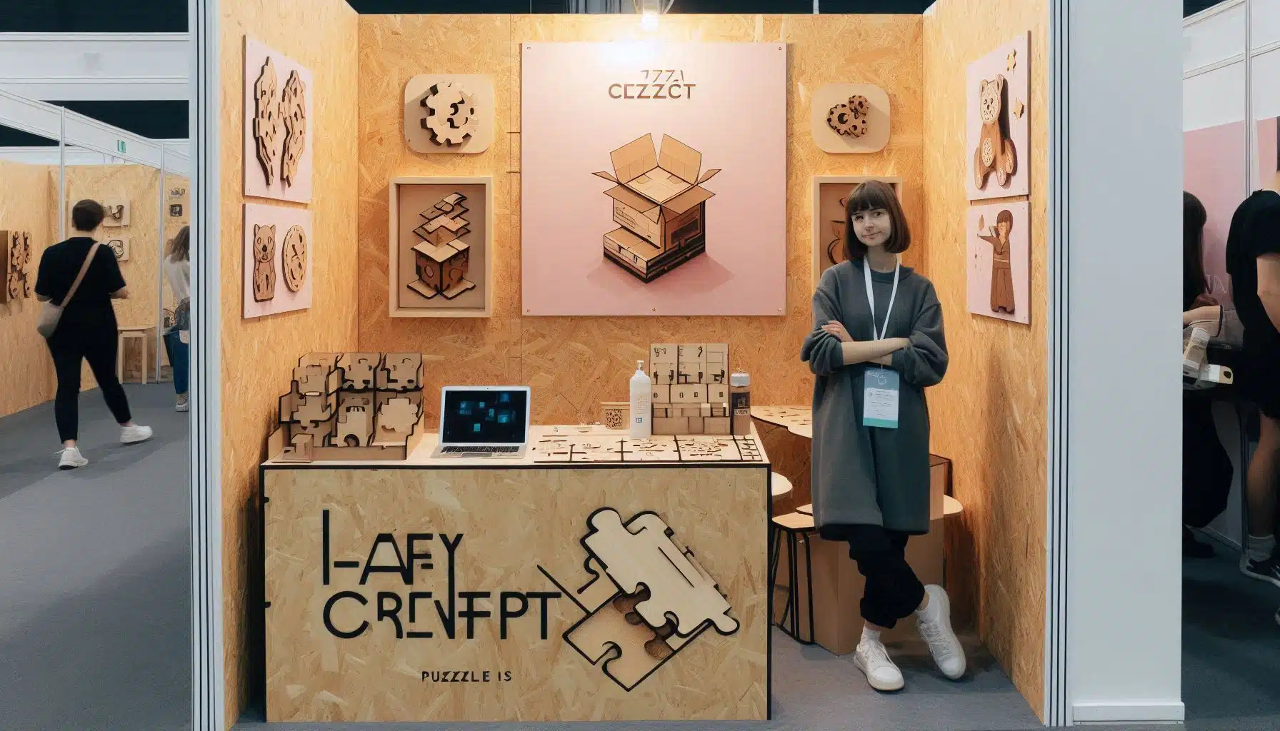 Stand de emprendedor joven mostrando productos de madera grabada y empaques creativos, ambientado en una feria artesanal.