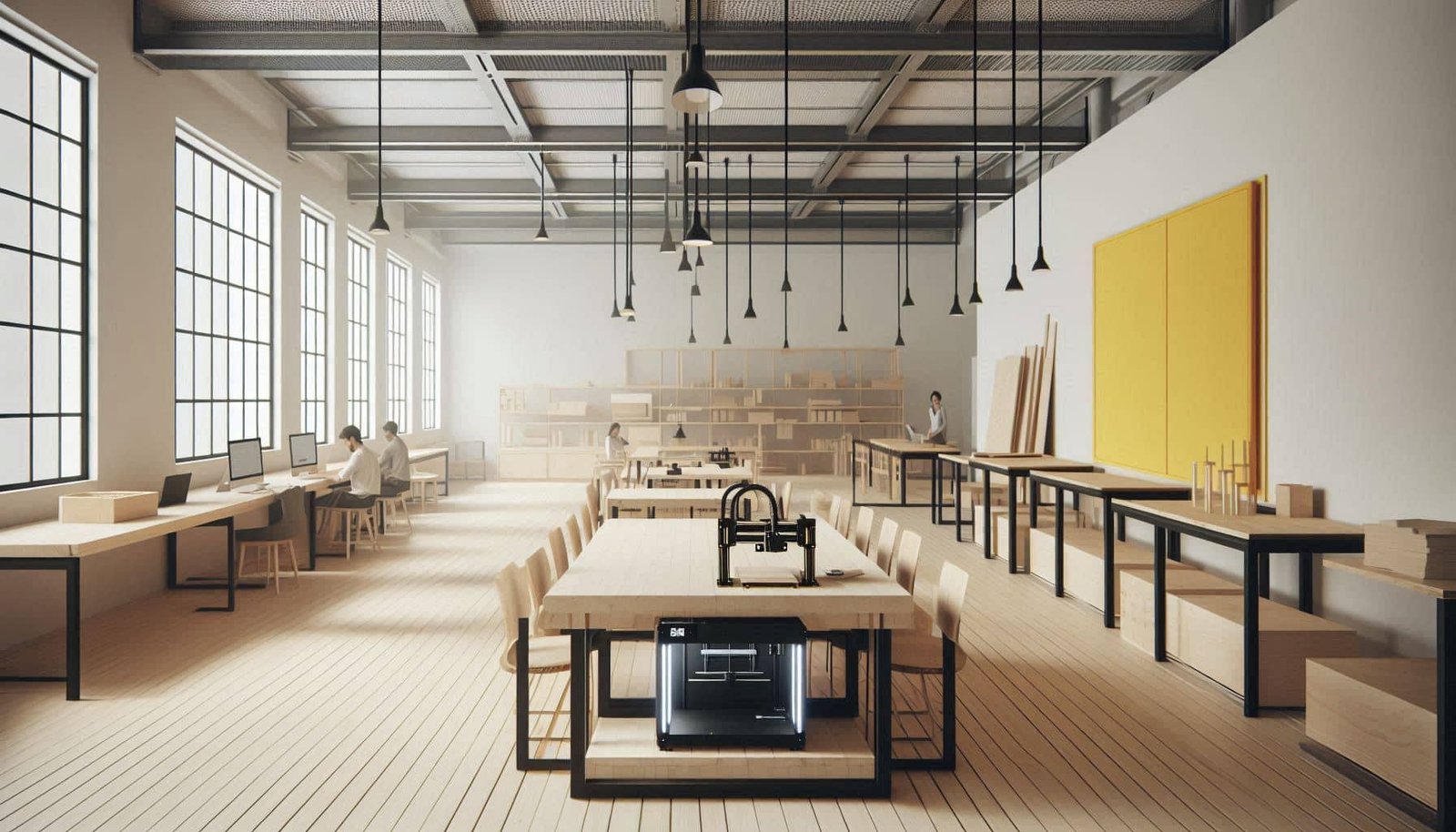 Espacio interior amplio con mesas de trabajo, personas colaborando y herramientas como 3D printers en uso. Iluminación natural y estilo industrial.