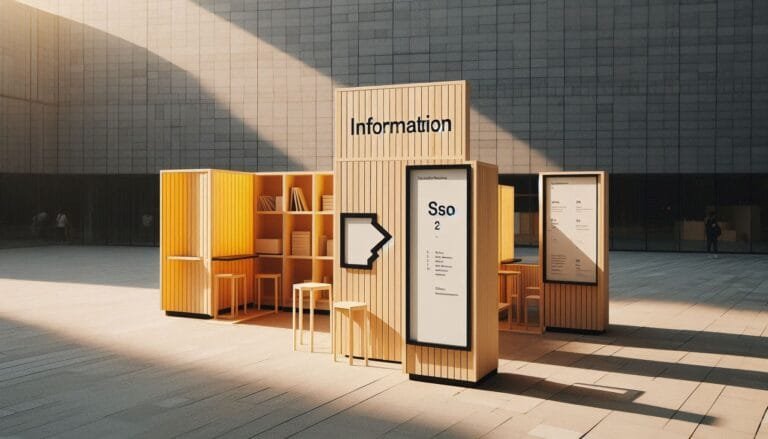 Escena de evento cultural con módulos de madera, señalética grabada y personas interactuando. Un kiosco amarillo destaca en el entorno.