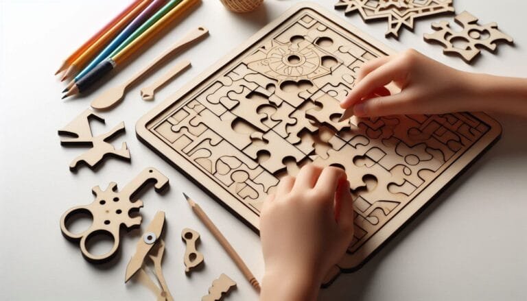Manos infantiles ensamblando un rompecabezas láser MDF sobre una superficie clara, con herramientas y materiales educativos alrededor.